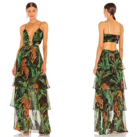 Retrofete Paulina Silk Cutout Tiered Safari Print Black Maxi Dress Size XS - Picture 2 of 9